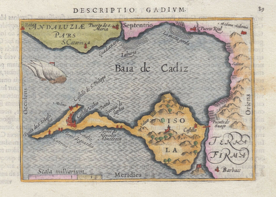 Mapa de la bahía de y ciudad de Cádiz (Andalucía, España), 1603. P. Bertius/Keere/Claesz